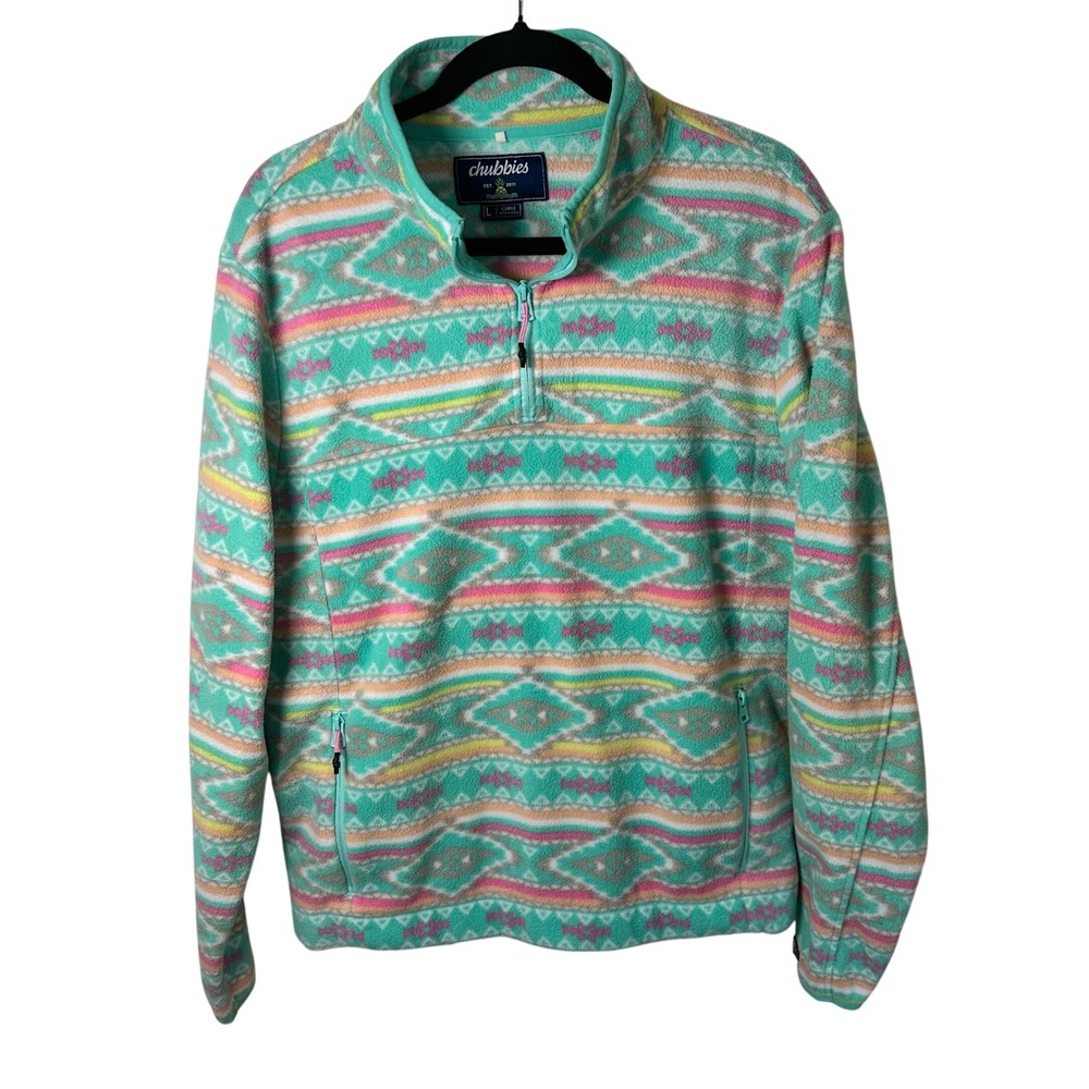 Chubbies Fleece Pullover Mens L Teal Geometric Aztec Quarter Zip Jacket Pocket